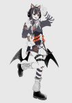  1girl absurdres ahoge animal_ear_headphones animal_ears arm_belt asymmetrical_legwear asymmetrical_sleeves bandaid bandaid_on_leg bat_wings belt belt_collar black_choker black_hair black_shoes black_sweater cat_ear_headphones cat_ears choker collar commentary cross-laced_clothes cross-laced_dress eyeball_hair_ornament fake_animal_ears full_body hairpin_(user_jnap7255) headphones highres leg_belt long_sleeves looking_at_viewer loose_socks mahou_shoujo_no_majo_saiban multicolored_hair off_shoulder open_mouth orange_eyes orange_streaks sawatari_coco shirt shoes short_hair simple_background single_thighhigh skirt skirt_under_dress skull sleeveless sleeveless_shirt socks solo streaked_hair striped_clothes striped_sleeves striped_thighhighs stuffed_animal stuffed_cat stuffed_toy sweater teeth thighhighs upper_teeth_only white_background white_shirt white_skirt wings 
