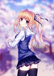  ass black_legwear blonde_hair blue_eyes blue_sky blurry cherry_blossoms cloud depth_of_field hair_ribbon highres long_hair long_sleeves looking_at_viewer looking_back md5_mismatch meng_xiao_jiong ribbon saenai_heroine_no_sodatekata sawamura_spencer_eriri school_uniform serafuku shirt skirt sky smile solo thighhighs tree twintails very_long_hair vest 