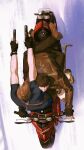  07shiyu 2boys black_gloves blue_shirt brown_hair brown_jacket chest_holster chris_redfield commentary_request dual_wielding fingerless_gloves from_above full_body gloves gun handgun highres holding holding_gun holding_weapon jacket leg_lock leon_s._kennedy male_focus motor_vehicle motorcycle multiple_boys on_motorcycle resident_evil resident_evil_4 shirt short_hair weapon 