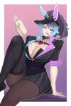  1girl absurdres animal_ears black_thighhighs blue_eyes blue_hair body_freckles breasts brothbowl chest_harness cleavage cottontail_(vtuber) dress fluid_on_breasts freckles gradient_hair hair_between_eyes harness heterochromia highres indie_virtual_youtuber large_breasts looking_at_viewer mayonnaise multicolored_hair one_eye_closed pantyhose ponytail purple_hair rabbit_ears rabbit_girl short_sleeves sitting solo thighhighs thighs tongue tongue_out virtual_youtuber visor_cap waitress 