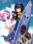  1boy 1girl arm_around_another's_waist artist_name ball beachball black_hair blue_sky breasts cat commentary_request couple cowboy_shot flower hair_flower hair_ornament hetero hibiscus highres holding holding_ball holding_beachball holding_surfboard kimetsu_no_yaiba kochou_shinobu large_breasts light_blush moca_kamo outdoors parted_lips pink_skirt purple_eyes purple_hair shirt skirt sky surfboard tomioka_giyuu twitter_username white_shirt yellow_flower 