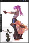  2girls art_program_in_frame belt black_pantyhose black_socks blonde_hair bloocheaz bow brown_belt brown_gloves brown_shoes closed_eyes closed_mouth commentary covering_own_ears english_commentary floating_hair from_side full_body genderswap genderswap_(mtf) glasses gloves grey_jacket grey_shirt grey_skirt grey_vest gun hair_between_eyes hair_bow highres holding holding_gun holding_weapon jacket kamishiro_rui kneehighs let's_study_hard!_(project_sekai) long_hair multiple_girls ol&amp;jk_trend open_clothes open_jacket pantyhose photo_inset pleated_skirt ponytail procreate_(medium) profile project_sekai purple_hair reference_inset shirt shoes skirt sleeves_rolled_up socks tenma_tsukasa v-shaped_eyebrows vest weapon white_bow white_shirt yellow_eyes 