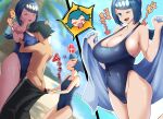  1boy 2girls :t age_difference anger_vein ash_ketchum ass black_pants blue_hair blurry blush_stickers breast_smother breasts cleavage closed_eyes closed_mouth clothes_pull cloud commentary_request covered_navel day face_to_breasts hair_ornament hand_on_another's_head hetero highres holding holding_towel lana's_mother_(pokemon) lana_(pokemon) large_breasts long_hair mature_female multiple_girls one-piece_swimsuit open_mouth outdoors pants pants_pull pokemon pokemon_(anime) pokemon_the_series:_sun_&amp;_moon pout pulling_another's_clothes sky smile squiggle swimsuit toiro_gawon towel translated 