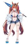  1girl absurdres animal_ears bikini blue_bikini blue_sandals blue_umbrella breasts cleavage closed_mouth closed_umbrella commentary_request contrapposto cutoffs daiwa_scarlet_(umamusume) denim denim_shorts drawstring eyewear_on_head front-tie_bikini_top front-tie_top full_body hair_between_eyes hair_ornament hair_scrunchie heart heart-shaped_eyewear highres holding holding_umbrella horse_ears horse_girl horse_tail jacket korean_commentary large_breasts long_sleeves looking_at_viewer navel o-ring o-ring_thigh_strap purple_eyes sandals scrunchie short_shorts shorts side-tie_bikini_bottom simple_background smile solo standing striped_bikini striped_clothes swimsuit sylph_kim tail thigh_strap twintails two-tone_umbrella umamusume umbrella v-shaped_eyebrows white_background white_bikini white_jacket white_umbrella 
