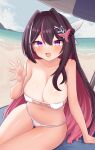  1girl :d azki_(hololive) bare_arms bare_shoulders beach beach_umbrella bikini black_hair braid breasts cleavage colored_inner_hair commentary dated_commentary day double-parted_bangs hair_intakes hair_ornament hair_ribbon hairclip half_up_braid hand_up highres hololive large_breasts llxr18 long_hair looking_at_viewer mole mole_under_eye multicolored_hair navel open_mouth outdoors pink_hair pink_streaks purple_eyes ribbon single_sidelock sitting smile solo stomach strapless strapless_bikini streaked_hair swimsuit umbrella very_long_hair virtual_youtuber waving white_bikini white_ribbon white_streaks 