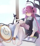  1girl ahoge bed black_dress blue_sky book chinese_commentary closed_mouth cloud cloudy_sky commentary_request doll dress full_body heterochromia highres holding holding_doll honkai_(series) honkai_gakuen long_sleeves looking_at_viewer multicolored_hair pantyhose pillow pink_hair purple_eyes purple_hair qiuzang shirt sin_mal sky smile solo two-tone_hair white_pantyhose white_shirt window yellow_eyes 