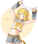  1girl absurdres armpits arms_up belt blonde_hair bow breasts character_name closed_eyes cowboy_shot detached_sleeves grey_sailor_collar grey_shorts grey_sleeves hair_bow hair_ornament hairclip headphones headset highres holding holding_bow_(ornament) kagamine_rin leaning_to_the_side midriff navel neckerchief number_tattoo open_mouth parallel_hairclips sailor_collar shirt short_hair shorts simple_background sleeveless sleeveless_shirt small_breasts tattoo treble_clef vocaloid white_bow white_shirt yabunoki yellow_belt yellow_neckerchief yellow_trim 