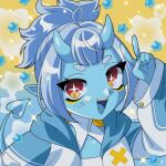  1girl :d ahoge blue_nails blue_oni blue_skin blue_tail blue_tongue colored_skin colored_tongue demon_tail eyeliner grey_hair horns indie_virtual_youtuber jacket kuutuber leotard looking_at_viewer makeup natsuno_urimaru oni pointy_ears ponytail red_eyes short_eyebrows skin-covered_horns smile solo sparkle star-shaped_pupils star_(symbol) symbol-shaped_pupils tail turtleneck turtleneck_leotard v virtual_youtuber white_leotard yellow_background yellow_eyeliner 