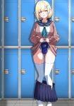  1girl aizawa_ema aqua_hair aqua_neckerchief aqua_one-piece_swimsuit black_scrunchie blonde_hair blue_one-piece_swimsuit brown_cardigan cardigan cardigan_lift clothes_pull commentary competition_swimsuit covered_navel eqbal_lynx gradient_hair grin groin hair_ornament hair_scrunchie hairclip highres locker locker_room long_hair long_sleeves looking_at_viewer multicolored_hair multicolored_one-piece_swimsuit neckerchief one-piece_swimsuit pleated_skirt ponytail sailor_collar scrunchie skirt skirt_pull smile solo swimsuit swimsuit_under_clothes thighhighs thighs untranslatable_commentary virtual_youtuber vspo! white_one-piece_swimsuit white_thighhighs 
