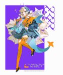  1girl :3 absurdres black_shoes blonde_hair blue_eyes dress full_body highres horns long_hair long_sleeves looking_at_viewer open_mouth orange_thighhighs original shoes short_eyebrows solo tail thighhighs very_long_hair z3zz4 
