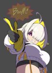  ahoge black_gloves blonde_hair breasts colored_inner_hair comiket_108 commentary_request elegg_(nikke) english_text gloves goddess_of_victory:_nikke hair_intakes highres long_sleeves midriff multicolored_gloves multicolored_hair one_eye_covered open_mouth pointing purple_eyes smile syope tagme two-tone_gloves white_hair yellow_gloves 
