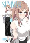  1girl bag bang_dream! bang_dream!_it's_mygo!!!!! black_shoes black_skirt blue_bag blush bracelet breasts brown_hair closed_mouth commentary highres jewelry long_skirt medium_breasts multiple_views nagasaki_soyo ora_(oraora_oekaki) shirt shoes shoulder_bag sidelocks skirt sleeveless sleeveless_shirt sweatdrop untranslatable_commentary white_background white_shirt 