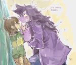  1girl 1other absurdres against_wall androgynous blue_pants brown_hair brown_pants colored_skin deltarune denim english_text furry furry_female hair_between_eyes highres jacket jeans kabedon kris_(deltarune) long_hair ocota-cota_(cota) open_mouth pants purple_hair purple_skin reptile_girl sharp_teeth short_hair simple_background speech_bubble striped_clothes striped_sweater susie_(deltarune) sweater tall_female teeth torn_clothes torn_pants utdr_(toby_fox) 