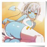  1girl absurdres ass ass_focus blue_oni blue_skin breasts colored_skin demon_tail eyeliner grey_hair grin highres horns indie_virtual_youtuber kuu_(kuutuber) kuutuber leotard looking_at_viewer makeup oni pointy_ears ponytail sharp_teeth shortstack skin-covered_horns small_breasts smile solo star-shaped_pupils star_(symbol) symbol-shaped_pupils tail teeth thick_thighs thighhighs thighs virtual_youtuber white_leotard white_thighhighs yellow_eyeliner yellow_eyes 