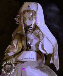  1girl absurdres blonde_hair cable clenched_hand clipboard cross dress eishia_stilza gachiakuta hat highres hunternothunt long_sleeves looking_to_the_side mole mole_under_eye nun nun_headdress nurse_cap pink_eyes red_cross short_hair sidelocks sitting solo watermark white_dress 