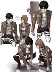  1boy 1girl ascot black_hair boots brown_boots brown_hair brown_jacket cropped_jacket highres jacket korean_text levi_(shingeki_no_kyojin) multiple_views pants paradis_military_uniform petra_ral shingeki_no_kyojin shirt short_hair simple_background sitting squatting sso_s survey_corps_(emblem) translation_request walking white_ascot white_background white_pants white_shirt 