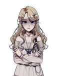  1girl ayami_(love_angel_syndrome) blonde_hair blue_nails blue_streaks breasts butterfly_necklace cleavage clenched_teeth cowboy_shot crossed_arms dress game_asset jewelry love_angel_syndrome multicolored_hair necklace non-web_source off-shoulder_dress off_shoulder official_art parted_lips partially_shaded_face pearl_necklace pink_eyes pink_streaks ribbed_dress self-datamine solo streaked_hair tachi-e teeth transparent_background white_dress 