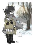  1girl ammunition_pouch animal_ears animal_nose bandaged_leg bandages black_boots black_hair black_nose bolt_action boots border coat commentary english_commentary english_text field_cap forest furry furry_female gun gun_on_back gun_sling hat highres looking_at_viewer medium_hair military military_uniform mosin-nagant multicolored_hair nature original overcoat pouch rifle russia snow snow_leopard_ears snow_leopard_girl snow_leopard_tail socks srmk0 tail two-tone_hair weapon weapon_on_back white_border world_war_i 