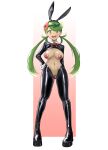  1girl :d absurdres alternate_costume animal_ears black_hairband black_shoes black_thighhighs bow bowtie breasts commentary_request flower full_body green_hair hair_flower hair_ornament hairband happy highres long_hair maebari mallow_(pokemon) navel open_mouth pasties pink_flower pokemon pokemon_sun_and_moon pubic_stubble rabbit_ears red_bow red_bowtie reverse_bunnysuit reverse_outfit shoes smile solo standing swept_bangs teeth thighhighs upper_teeth_only zonbi_no_mokushiroku 