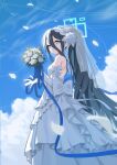  1girl absurdres aqua_halo aris_(blue_archive) back_bow bare_shoulders blue_archive blue_eyes blue_ribbon blue_sky bouquet bow bridal_veil bride closed_mouth cloud commentary day dress drmin158 elbow_gloves flower from_side gloves hair_flower hair_ornament halo highres holding holding_bouquet long_hair looking_at_viewer looking_to_the_side outdoors ponytail rectangular_halo ribbon ring_of_light_(blue_archive) rose see-through_clothes see-through_veil sky smile solo strapless strapless_dress veil very_long_hair wedding_dress white_bow white_dress white_flower white_gloves white_rose 