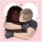  1boy 1girl apeo0r black_gloves black_hair blonde_hair blue_shirt brown_eyes closed_eyes commentary commission curly_hair dark-skinned_female dark_skin english_commentary gloves head_on_another's_shoulder heart highres hug hug_from_behind leon_s._kennedy looking_at_another oc_x_canon original resident_evil resident_evil_requiem shirt short_hair smile tight_clothes tight_shirt toned toned_male upper_body very_dark_skin watch wristwatch 