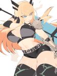  1girl absurdres arm_up armor belt black_belt black_choker black_shorts black_tube_top blonde_hair blue_eyes blue_sword boots breasts choker crop_top cropped_legs eyelashes highres holding holding_behind_back holding_sword holding_weapon holding_weapon_behind_back huge_weapon large_breasts long_hair magik's_crown magik_(x-men) marvel marvel_tokon:_fighting_souls midriff navel pauldrons shorts shoulder_armor simple_background spiked_pauldrons spikes strapless sword thigh_boots tube_top usa37107692 weapon white_background x-men 