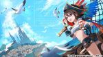  1girl animal animal_on_shoulder ass bare_shoulders bird black_gloves black_shorts blue_eyes blue_sky breasts brown_hair building cloud commentary_request copyright_request day dutch_angle fingerless_gloves frilled_shorts frills gloves hair_between_eyes highres holding long_hair macaw nekozuki_yuki ocean official_art outdoors parrot partially_fingerless_gloves saber_(weapon) scarlet_macaw sheath sheathed shorts sky small_breasts solo spyglass sword tower town twisted_torso watermark weapon wrist_cuffs 