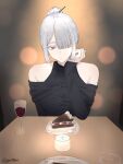  1girl absurdres ak-15_(girls'_frontline) alcohol alternate_costume alternate_hairstyle artist_name bare_shoulders black_dress blurry blurry_background breasts cake cake_slice closed_mouth commentary cup dating dress drinking_glass english_commentary food girls'_frontline girls'_frontline_2:_exilium grey_hair hair_bun hair_ornament hair_over_one_eye hand_on_own_cheek hand_on_own_face highres long_hair looking_at_viewer pov pov_dating purple_eyes red_wine sidelocks simple_background solo table twitter_username upper_body voymastina_(girls'_frontline_2) wine wine_glass yuiitxu 