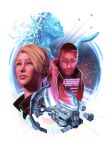  1boy 1girl 1other absurdres astero_(eve_online) asymmetrical_hair blonde_hair brown_hair carrier combat_ship_(eve_online) commentary constellation damillia_seraph_(theburning1) droneboat_(eve_online) duvolle_laboratories_(eve_online) electronic_warfare_ship_(eve_online) english_commentary english_text eve_online exploration_ship_(eve_online) flying frigate_(eve_online) gabriel_cassata gallente_federation_(eve_online) glowing grey_eyes hand_up highres jacket lips maulus_(eve_online) military_vehicle mirrored_text nose open_clothes open_jacket parted_lips photoshop_(medium) pink_lips pirate_faction_(eve_online) procreate_(medium) servant_sisters_of_eve shipping_container short_hair space spacecraft star_(sky) star_map starry_sky_background very_short_hair white_background 