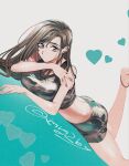  1girl ass bare_arms bare_legs bike_shorts black_hair black_shorts black_sports_bra breasts commentary_request earrings feet_out_of_frame final_fantasy final_fantasy_vii final_fantasy_vii_remake hair_behind_ear heart highres jewelry large_breasts leg_up long_hair looking_at_viewer lying maruga_(mrg2by) on_stomach red_eyes shorts solo sports_bra swept_bangs tifa_lockhart twitter_username 