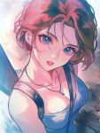 1girl bare_shoulders blue_eyes blue_shirt breasts brown_hair cleavage commentary_request from_above highres jewelry jill_valentine looking_at_viewer medium_breasts necklace parted_bangs parted_lips pink_lips resident_evil resident_evil_3:_nemesis shirt short_hair sleeveless sleeveless_shirt solo tomoe_(shoushou781) upper_body 