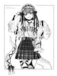  1girl absurdres asymmetrical_legwear belt black_choker bonnet chain checkered_clothes checkered_skirt choker dotitao greyscale grin hair_ribbon highres indie_virtual_youtuber looking_at_viewer loose_clothes loose_shirt monochrome nail_polish o-ring o-ring_thigh_strap ribbon shirt short_hair skirt slit_pupils smile snake_choker snake_girl snake_tail solo stuffed_animal stuffed_toy tail tail_ornament tail_ribbon thigh_strap ytaoh 