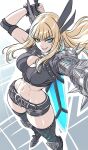  1girl abs armor black_gloves black_shorts black_thighhighs blonde_hair blue_eyes breasts cleavage commentary crop_top elbow_pads elbow_spikes english_commentary gloves hair_ornament highres holding holding_sword holding_weapon huge_weapon large_breasts long_hair looking_at_viewer magik_(x-men) marvel marvel_tokon:_fighting_souls midriff muscular muscular_female narrow_waist navel pauldrons shorts shoulder_armor shoulder_spikes smirk solo spiked_gauntlets spiked_pauldrons spiked_wristband spikes standing sword thighhighs thighs toned toned_female weapon zantyarz 