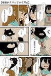  absurdres ahoge bear_head bear_paws black_hair brown_hair comic eyepatch highres kantai_collection kiso_(kantai_collection) kuma_(kantai_collection) midriff multiple_girls navel ramenko_(pasta_nya) school_uniform serafuku short_hair shorts smile translated yellow_eyes 