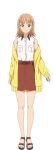  1girl anime_coloring bare_shoulders belt breast_pocket brown_eyes brown_sandals cardigan closed_mouth full_body hayase_yuuko highres long_sleeves looking_at_viewer medium_hair official_art open_cardigan open_clothes orange_hair pocket red_belt red_shorts sandals shirt shirt_tucked_in shorts simple_background sleeveless sleeveless_shirt solo straight-on tachi-e toumei_na_yoru_ni_kakeru_kimi_to_me_ni_mienai_koi_wo_shita transparent_background white_shirt yellow_cardigan 