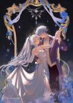  1boy 1girl bare_shoulders black_pants blue_eyes blue_flower blue_hair blue_petals blue_rose bow bowtie breasts collared_shirt couple dress earrings elbow_gloves elf falling_petals feet_out_of_frame flower frieren gloves gold_trim green_eyes grey_hair hair_between_eyes hand_on_another's_waist hetero highres himmel_(sousou_no_frieren) holding_hands jacket jewelry long_dress medium_breasts mole mole_under_eye pants parted_bangs petals pointy_ears purple_jacket rose shibaruirui shirt side_slit sousou_no_frieren suit_jacket twintails veil vest waistcoat white_bow white_bowtie white_dress white_gloves white_shirt white_veil white_vest 