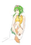  1girl absurdres ahoge boots brown_boots full_body goggles goggles_on_head green_eyes green_hair gumi highres knee_boots kneeling looking_to_the_side orange_shirt own_hands_together shirt short_hair_with_long_locks sketch sleeveless sleeveless_shirt solo vocaloid yunibobo 