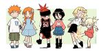  3boys 3girls abarai_renji aged_down artist_name bandaid bandaid_on_face bandaid_on_nose black_boots black_hair black_hairband black_shirt black_shorts black_socks bleach blonde_hair blue_dress blue_shoes blue_skirt blunt_bangs blunt_ends blush boots border breast_pocket brown_shoes cargo_shorts child clenched_hands clenched_teeth commentary_request couple dress flower full_body furrowed_brow green_background green_shorts hair_between_eyes hair_flower hair_ornament hairband hetero highres hirako_shinji holding_hands inoue_orihime jersey jjkkmmxd kicking korean_commentary kuchiki_rukia kurosaki_ichigo long_hair loose_socks multiple_boys multiple_girls orange_hair parted_lips pink_romper pink_sweater pocket ponytail red_hair romper sarugaki_hiyori shirt shirt_under_dress shirt_under_shirt shoes short_hair short_twintails shorts skirt smile socks striped_clothes striped_shirt sweatdrop sweater teeth twintails white_border white_shirt white_socks 