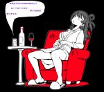  1girl absurdres bang_dream! bang_dream!_yumemita bathrobe black_background bottle breasts chair chinese_commentary chinese_text cleavage commentary_request cup drinking_glass forked_tongue hair_rings highres holding holding_cup limited_palette long_hair medium_breasts qiyue_qi single_hair_ring sitting slippers solo three-quarter_sleeves tongue tongue_out translation_request viola_(bang_dream!) voice_recorder wine_bottle wine_glass 