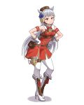  1girl absurdres animal_ears armband blunt_bangs blush boots bow breasts brown_hat closed_mouth commentary dress ear_bow ear_ribbon gloves gold_ship_(red_strife)_(umamusume) gold_ship_(umamusume) grey_hair hat highres horse_ears horse_girl horse_tail long_hair medium_breasts mint_cat_(a_huu) pantyhose pillbox_hat purple_eyes red_dress sleeveless sleeveless_dress smile solo striped_armband striped_clothes tail umamusume white_boots white_gloves white_pantyhose 