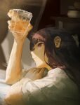  1girl arkilide art_study commentary cup english_commentary fern_(sousou_no_frieren) glass holding holding_cup long_hair purple_eyes purple_hair signature solo sousou_no_frieren sunlight 