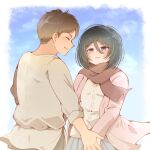  1boy 1girl black_hair blue_skirt blue_sky blush border brown_hair cardigan closed_eyes commentary_request couple cowboy_shot eren_yeager grey_eyes grey_pants grey_shirt hair_between_eyes hetero highres holding_hands looking_at_another ma_me_129 mikasa_ackerman pants parted_bangs parted_lips pink_cardigan red_scarf scarf shingeki_no_kyojin shirt short_hair skirt sky smile white_border white_shirt 