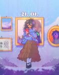  1girl antenna_hair black_hair black_shoes blue_cardigan blurry bow brown_skirt captain_spaceboy cardigan cardigan_partially_removed character_charm charm_(object) chromatic_aberration closed_eyes closed_mouth cloud commentary cowlick cup dark-skinned_female dark_skin dated depth_of_field donuqx double-parted_bangs drawing_(object) drop_shadow english_commentary facing_viewer floral_print flower frilled_skirt frills full_body glasses hair_between_eyes hair_ornament hand_up highres holding holding_sketchbook kel_(faraway)_(omori) kel_(omori) leaf long_skirt long_sleeves marker mary_janes medium_hair mincy_(omori) mole mole_under_mouth omori open_cardigan open_clothes paintbrush painting_(object) pantyhose pencil pocket portrait_(object) puffy_long_sleeves puffy_sleeves purple_background purple_flower red-framed_eyewear shirt shoes simple_background sitting sketchbook skirt sleeveless sleeveless_shirt smile solo star_(symbol) star_hair_ornament straight-on sunny_(omori) u_u white_bow white_pantyhose white_shirt 