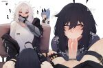  3girls absurdres ahoge black_jacket blue_eyes blue_hair blush breasts character_request cross-eyed double-parted_bangs fellatio futa_with_female futanari hair_between_eyes highres horns huge_ahoge jacket long_hair looking_at_another mechanical_arms medium_breasts medium_hair multiple_girls multiple_views oral penis pink_eyes red_eyes saki_(the_atko) saliva scar scar_across_eye scar_on_face simple_background sitting sound_effects the_atko thigh_strap veins veiny_penis white_background white_hair wispy_bangs 