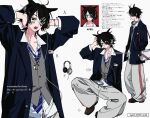  1boy animal_ears artist_name bag bandaid bandaid_on_cheek bandaid_on_face black_hair blue_necktie brown_shoes chenpeipeii closed_mouth collared_shirt commentary_request commission grey_pants grey_vest hair_ornament hairclip headphones highres jacket jewelry long_sleeves looking_at_viewer male_focus multiple_views necklace necktie one_eye_covered open_mouth original pants shirt shoes short_hair striped_clothes striped_necktie teeth tongue vest white_shirt 