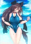  animal_ears beach blue_sky bracelet brown_hair cloud collar day fangs imaizumi_kagerou jewelry long_hair looking_at_viewer one-piece_swimsuit open_mouth outdoors panzer red_eyes sky smile solo swimsuit tail touhou towel water wet wolf_ears wolf_tail 