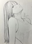  1girl arm_support bare_arms bare_shoulders blush closed_mouth commentary_request greyscale highres long_hair looking_to_the_side monochrome original pen_(medium) reclining sideways_glance signature solo straight_hair tank_top traditional_media upper_body yoshimizm 