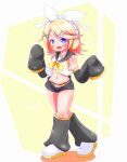  1girl belt black_leg_warmers black_sailor_collar black_shorts black_sleeves blonde_hair blue_eyes bow breasts commentary_request detached_sleeves full_body hair_bow hair_ornament hairclip headphones highres kagamine_rin leg_warmers long_sleeves looking_at_viewer midriff navel neckerchief open_mouth orangehamu parallel_hairclips sailor_collar shirt shoes shorts sleeveless sleeveless_shirt sleeves_past_fingers sleeves_past_wrists small_breasts smile vocaloid white_bow white_shirt white_shoes yellow_belt yellow_neckerchief yellow_trim 