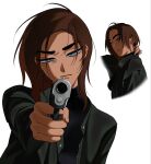  1girl aiming aiming_at_viewer alien_stage black_jacket black_shirt brown_hair closed_mouth commentary dark-skinned_female dark_skin english_commentary furrowed_brow grey_eyes gun hand_on_own_neck highres holding holding_gun holding_weapon hyuna_(alien_stage) hyuna_(zombie_stage) jacket long_sleeves medium_hair official_art_inset pum_hub shirt solo thick_eyebrows turtleneck turtleneck_shirt weapon white_background zombie_stage 