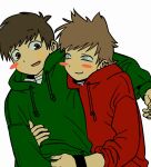  2boys :d animification antenna_hair blush_stickers brown_hair closed_mouth couple drawstring edd_(eddsworld) eddsworld eye_contact green_hoodie grey_eyes hair_behind_ear hair_ears heart2d1 highres hood hood_down hoodie hug long_sleeves looking_at_another male_focus multiple_boys open_mouth red_hoodie shirt short_hair simple_background smile swept_bangs tord_(eddsworld) upper_body white_background white_eyes white_shirt wristband yaoi 